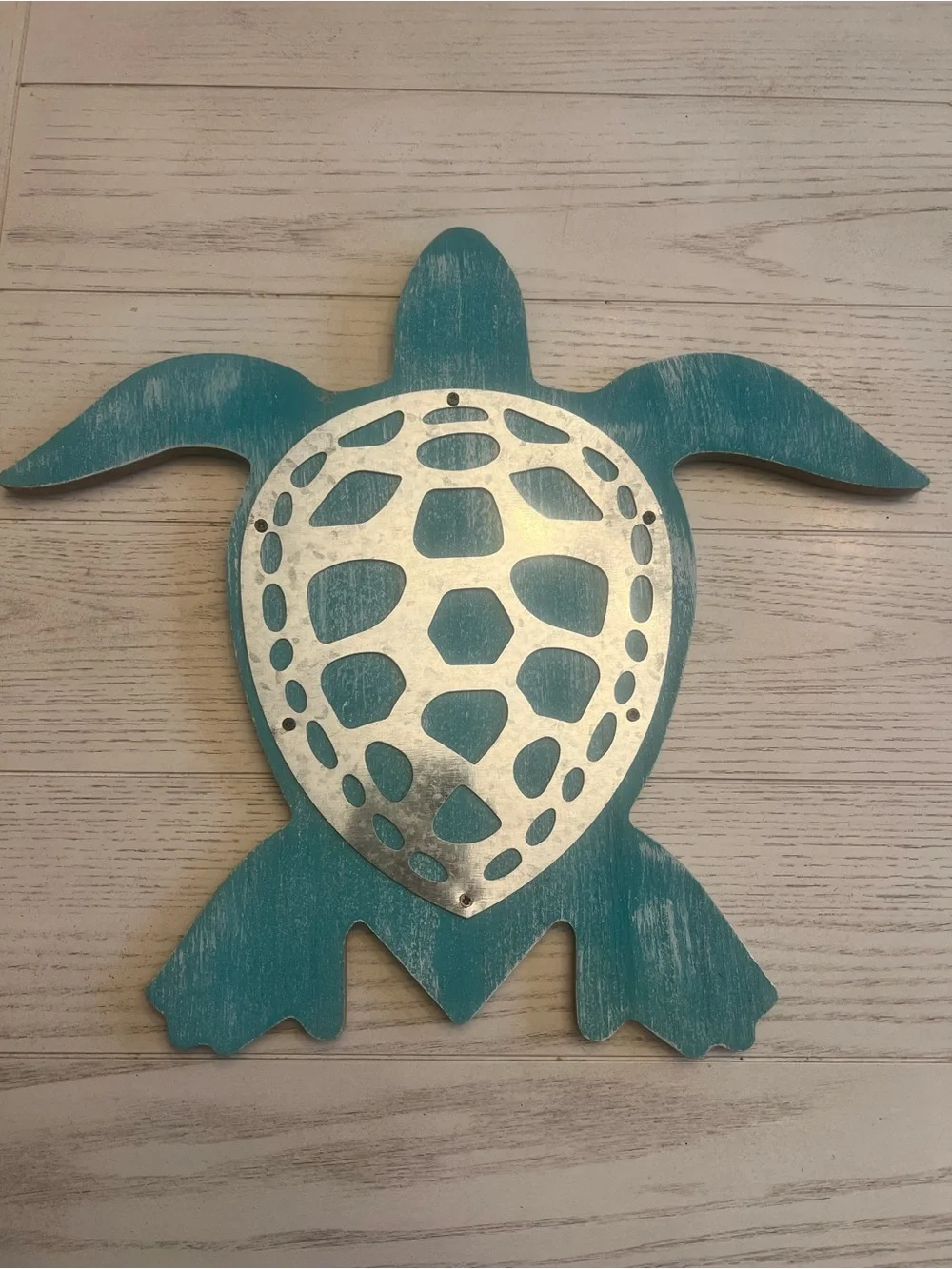 Teal Distressed Turtle Wooden Wall Decor with Silver Shell Accent - 14”x14”